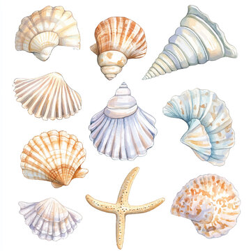 Cute cartoon watercolor A collection of beautiful shell