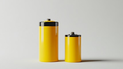 Yellow batteries studio shot, size comparison, white background, power source .