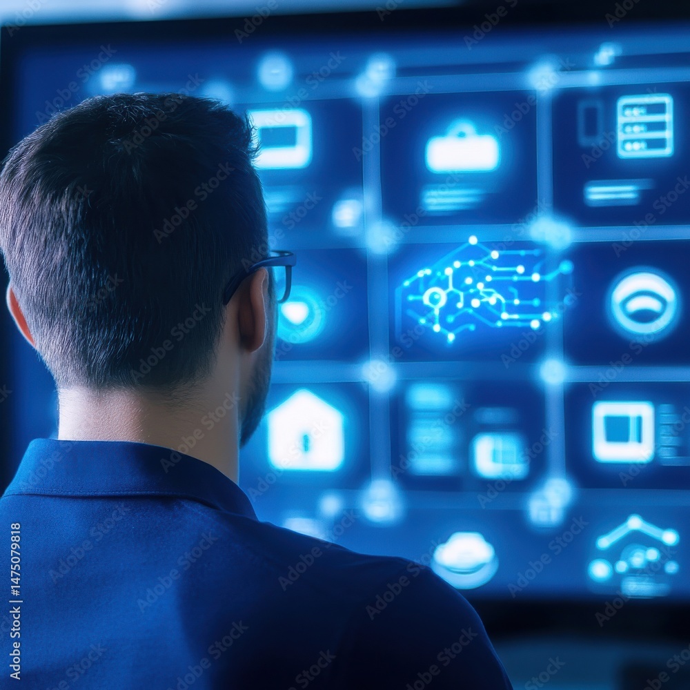 Poster digital technology analysis with data visualization in modern office