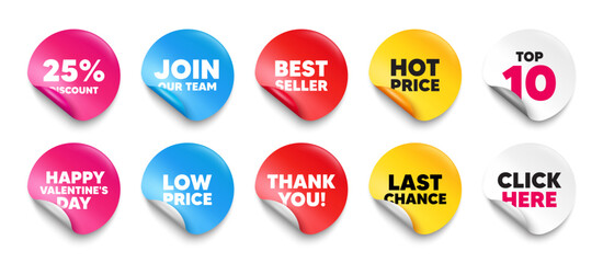 Discount sticker tag. Top 10, Best seller, Hot price banners. 25 percent discount. Sale offer price sign. Special offer symbol. Join our team sticker. Vector