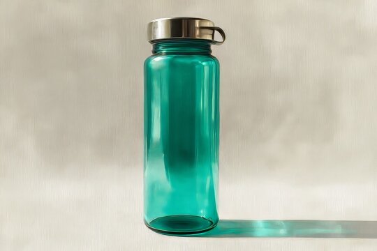 Teal plastic water bottle with metal cap on a light background.