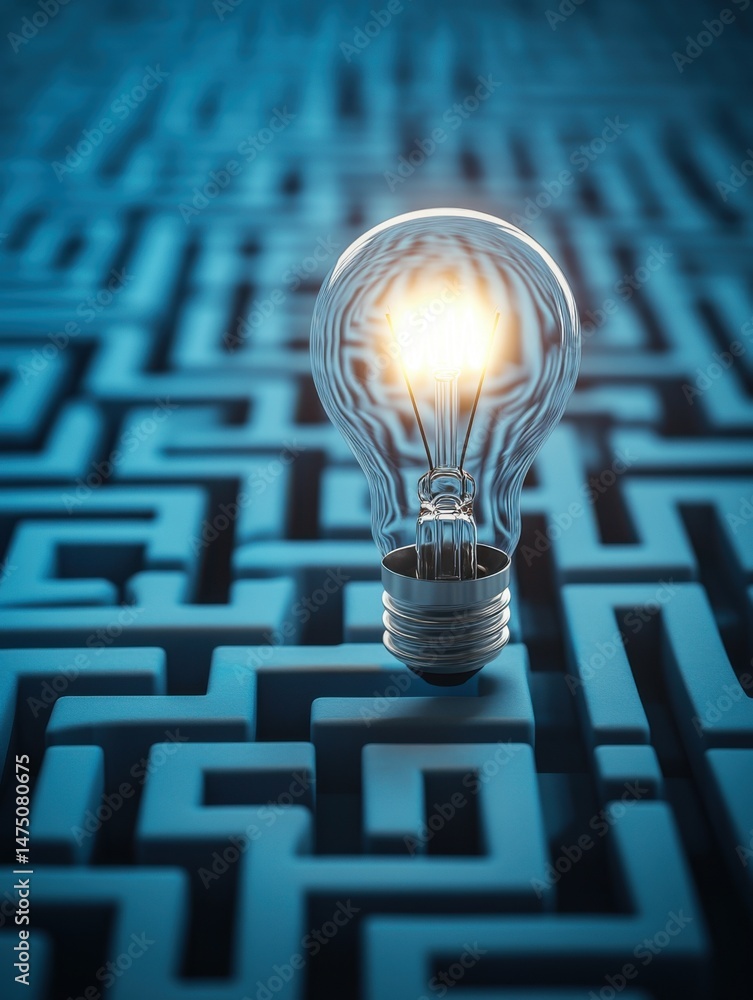 Poster lightbulb illuminating maze overhead shot idea concept innovation creativity problem solving solutio