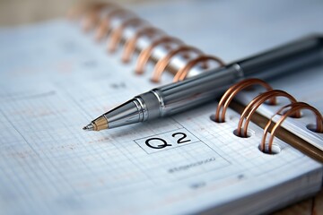 Pen on planner Q2 objectives page close up symbolizing strategic planning  
