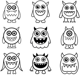 Cartoon Monster Character Set  Cute, Black and White Illustrations