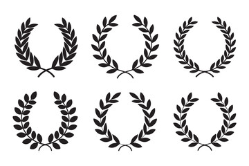 This is a vector set of gold laurel wreath illustrations, a collection of award symbols and decorative design elements like leaves and branches in a circular pattern, often associated with winners and