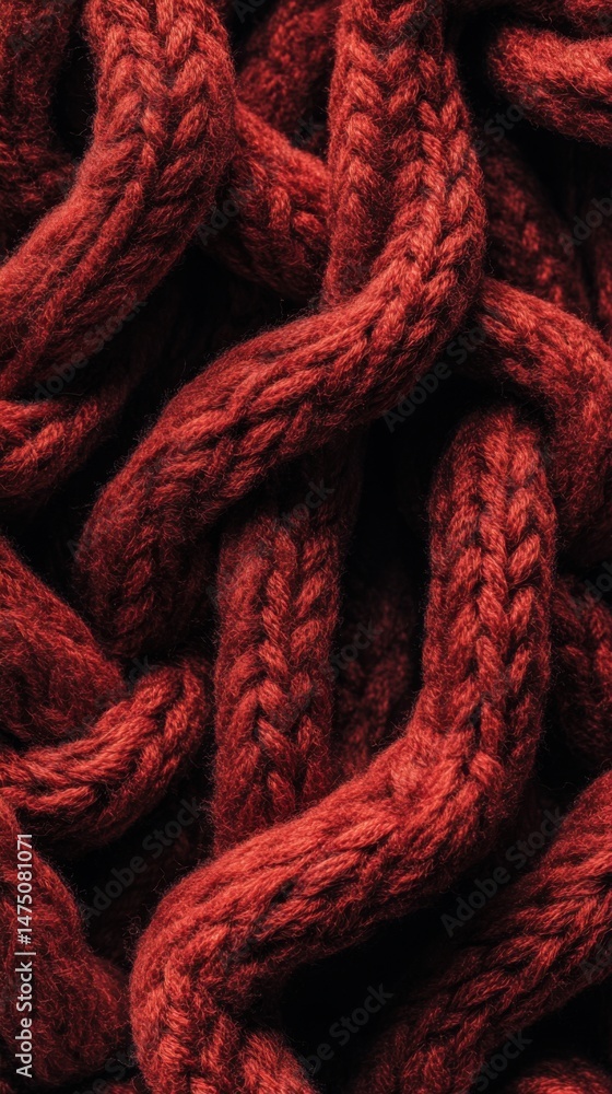 Poster close-up of a red knitted wool fabric texture showing braided pattern in a studio shot full frame