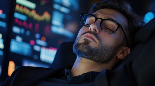 Sleeping Trader with Glasses After Long Day of Trading on Financial Market