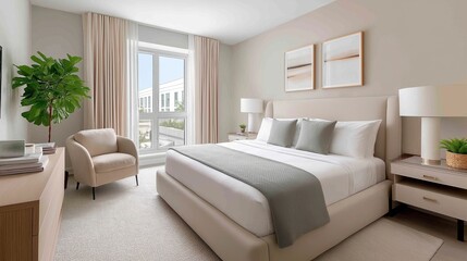 Fototapeta premium Elegant Bedroom Offers Peaceful Retreat And Light Modern Master Suite Boasts Calm And Natural Views 