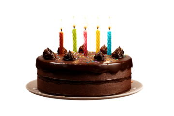 Chocolate birthday cake with colorful candles and sprinkles