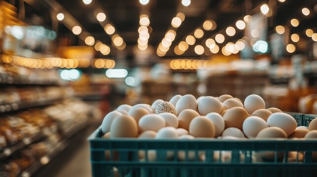 Basket of Fresh Eggs Displayed in Market, Ready for Cooking, Baking and Eating Healthy