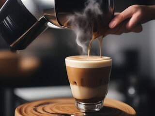 Steaming coffee being poured into a layered latte glass closeup