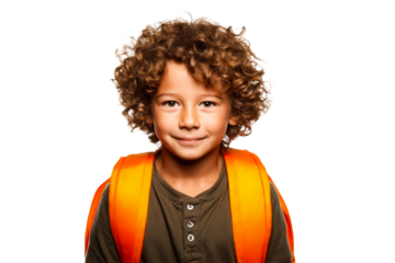 Young boy with curly hair wearing a bright orange backpack