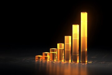 Refined 3D bar graph rising patterns golden light strong quarterly results dark contrast  
