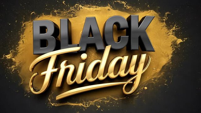 Black Friday excitement with bold lettering and glittering graphics, featuring black and gold lettering on a black and gold background. Shoppers are ready to grab amazing deals