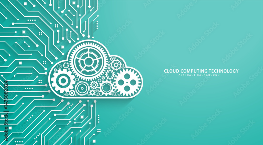 Fototapete Concept of Cloud Computing. Gears with a cloud shape on a circuit board. Modern abstract background. Database computing, online storage, Data storage, and IOT. Vector illustration.