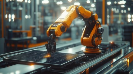 Automated robotic arm handling a solar panel in a factory.