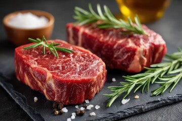 Fresh cuts of beef steak garnished with rosemary and sea salt on a dark slate surface