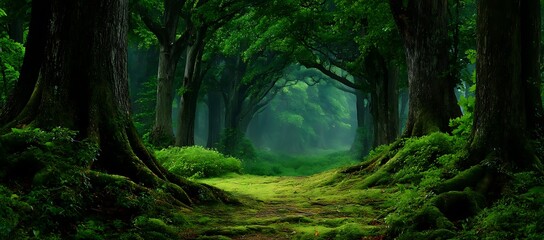 Obraz premium Serene Mossy Forest Path Enchanting Nature Scene Lush Green Trees Tranquil Woodland Walk