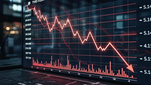 Red arrow pointing down on a digital screen showing stock market crash, indicating financial crisis and economic recession.