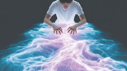 A person fully immersed in deep work at a desk surrounded by flowing digital data. Managing time effectively. Deep focus and intense concentration.