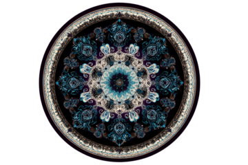Decorative round rug with intricate blue and white floral pattern