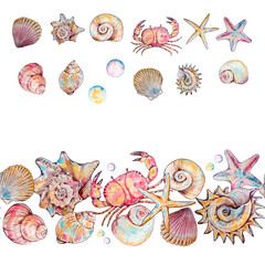 Watercolor  seashells and starfish seamless border, underwater theme