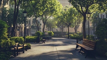 Obraz premium Pathway in Urban Park Surrounded by Green Trees and Sunshine high resolution picture