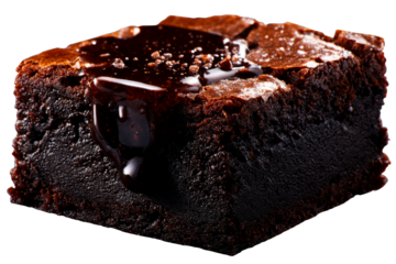 Rich chocolate brownie with fudge drizzle on transparent background