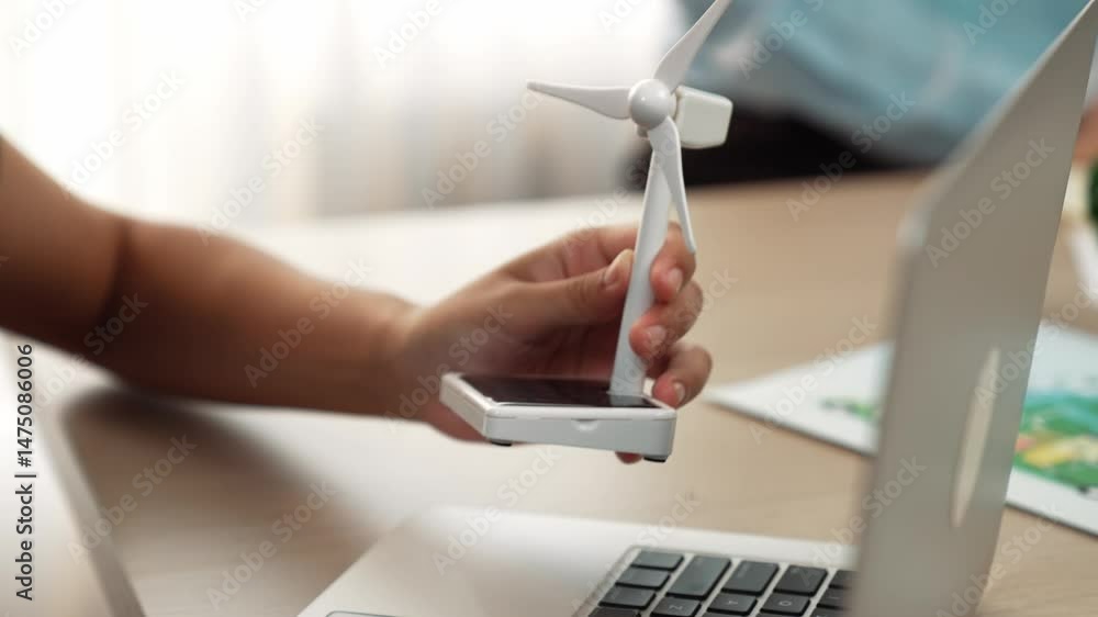 Poster businessman focus windmill think about using alternative energy make eco building in company choosin