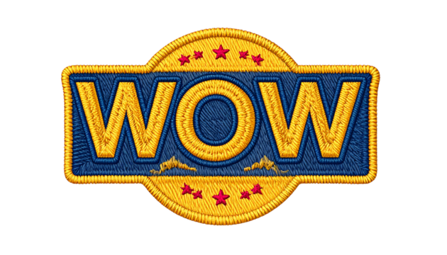"wow" embroidered patch badge isolated on solid white background in Png format  - Powered by Adobe