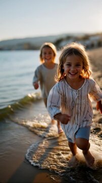 Happy children running and splashing barefoot in the shallow waves on a beach at sunrise, joyful expression, summer scene &ndash; Generative AI