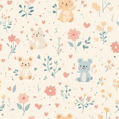 Seamless pattern of cute pastel-colored animals, surrounded by plants