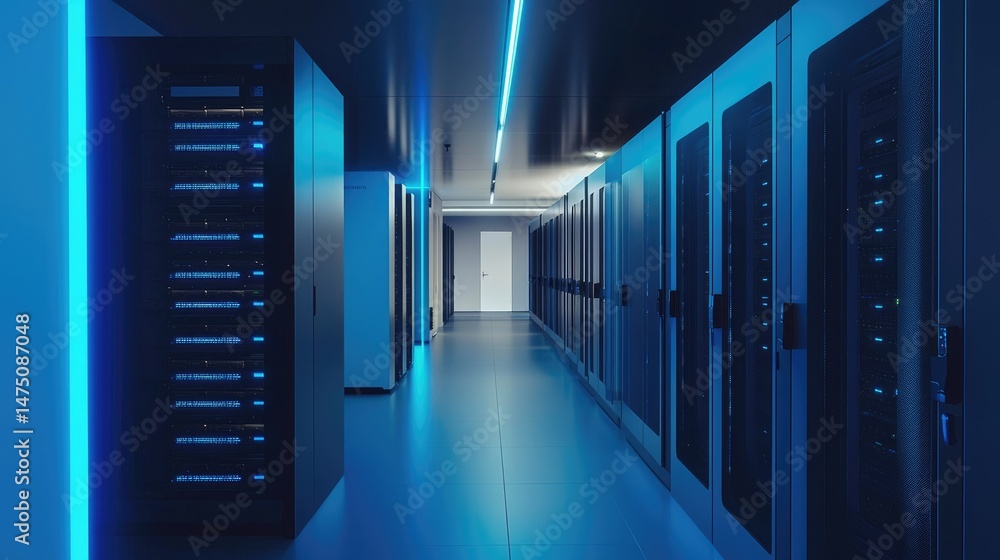 Poster Modern data center hallway with sleek server cabinets and ambient blue lighting, ideal for showcasing secure cloud systems, AI computing, and enterprise IT infrastructure