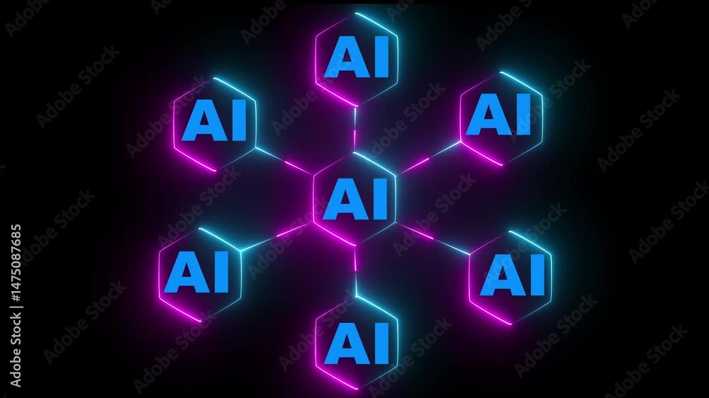 Poster glowing neon technology circuit board with ai text icon on black background. digital interface featu