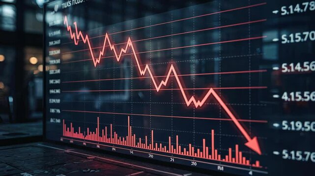 Red arrow pointing down on a digital screen showing stock market crash, indicating financial crisis and economic recession.