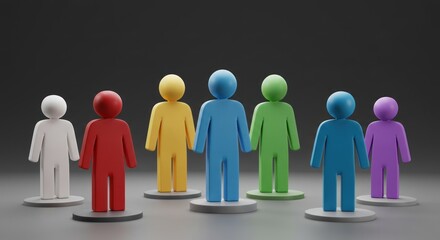 Group of colorful human figures standing together on a dark gray surface.