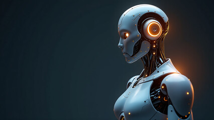 warm golden light illuminates intricate details sleek futuristic robot metallic body set dark gradient blue