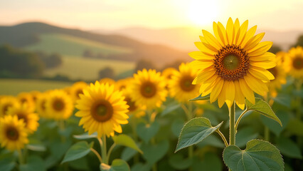 Fototapeta premium vibrant yellow sunflower field stretches across rolling countryside towering flowers swaying gently soft morning light warm