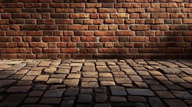Rustic brick wall meets textured cobblestone path in warm afternoon glow.