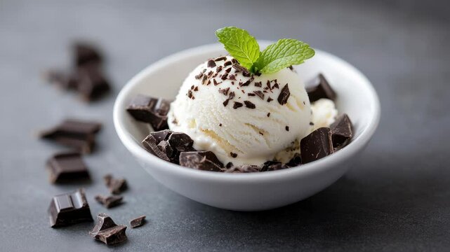 Delicious vanilla ice cream with chocolate chunks and mint garnish