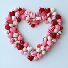 Obraz premium Colorful heart-shaped candies in various shades and textures. Ideal for Valentine’s Day, love-themed designs, weddings, romantic greetings, confectionery ads, and sweet decor visuals.