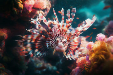 Close-up of a lionfish with extended spines among colorful corals, dramatic lighting.