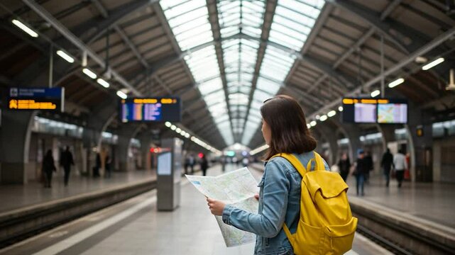Young woman with a yellow backpack, in a train station, studies a map