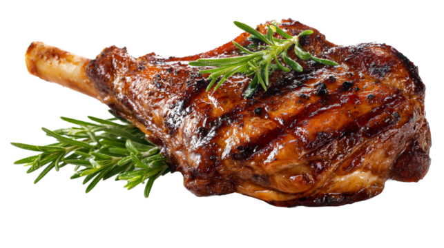 Juicy grilled lamb chop sits alongside sprigs of vibrant rosemary