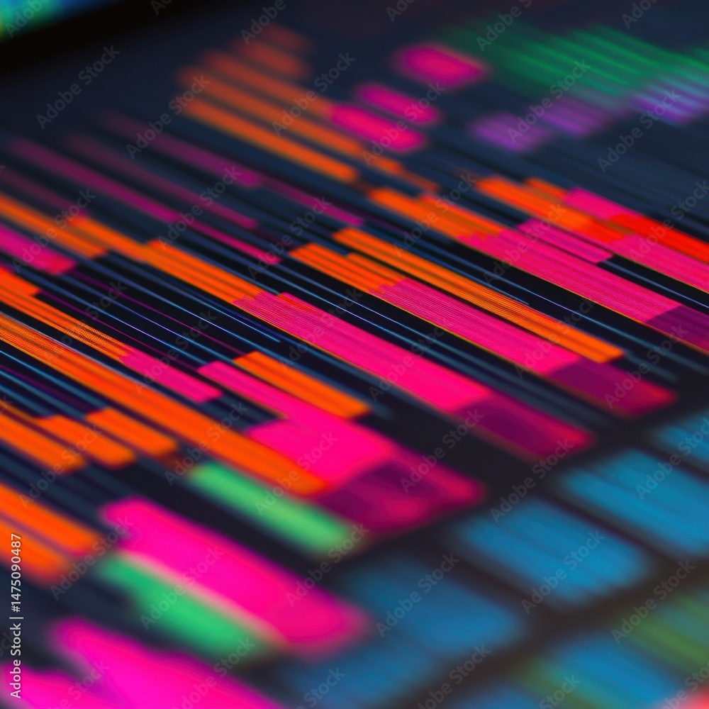 Poster abstract data visualization of financial market trends with bright colors and diagonal lines on dark
