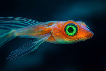Fototapeta premium Macropinna fish with transparent head and glowing green eyes, suspended in deep water.
