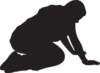  vector silhouette,side, back view a young girl who is on her knees on the floor looking for something
