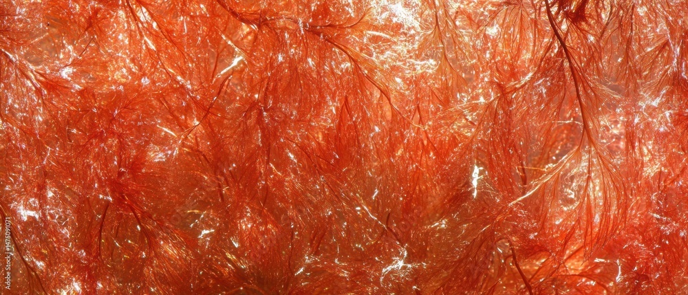 Poster close-up of bright orange seaweed texture with intricate branching patterns and glistening surface, 