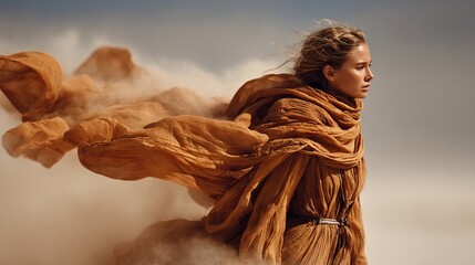 A woman in a flowing, desert-toned garment, amidst a sandstorm