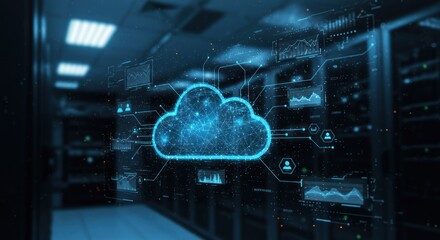 A server room with a cloud graphic overlay representing cloud computing.